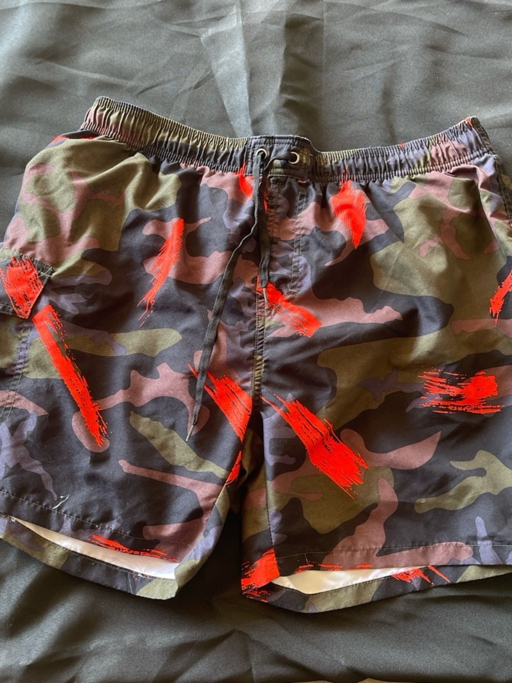 Camo Swim Trunks with Orange Brushstroke Accents Large